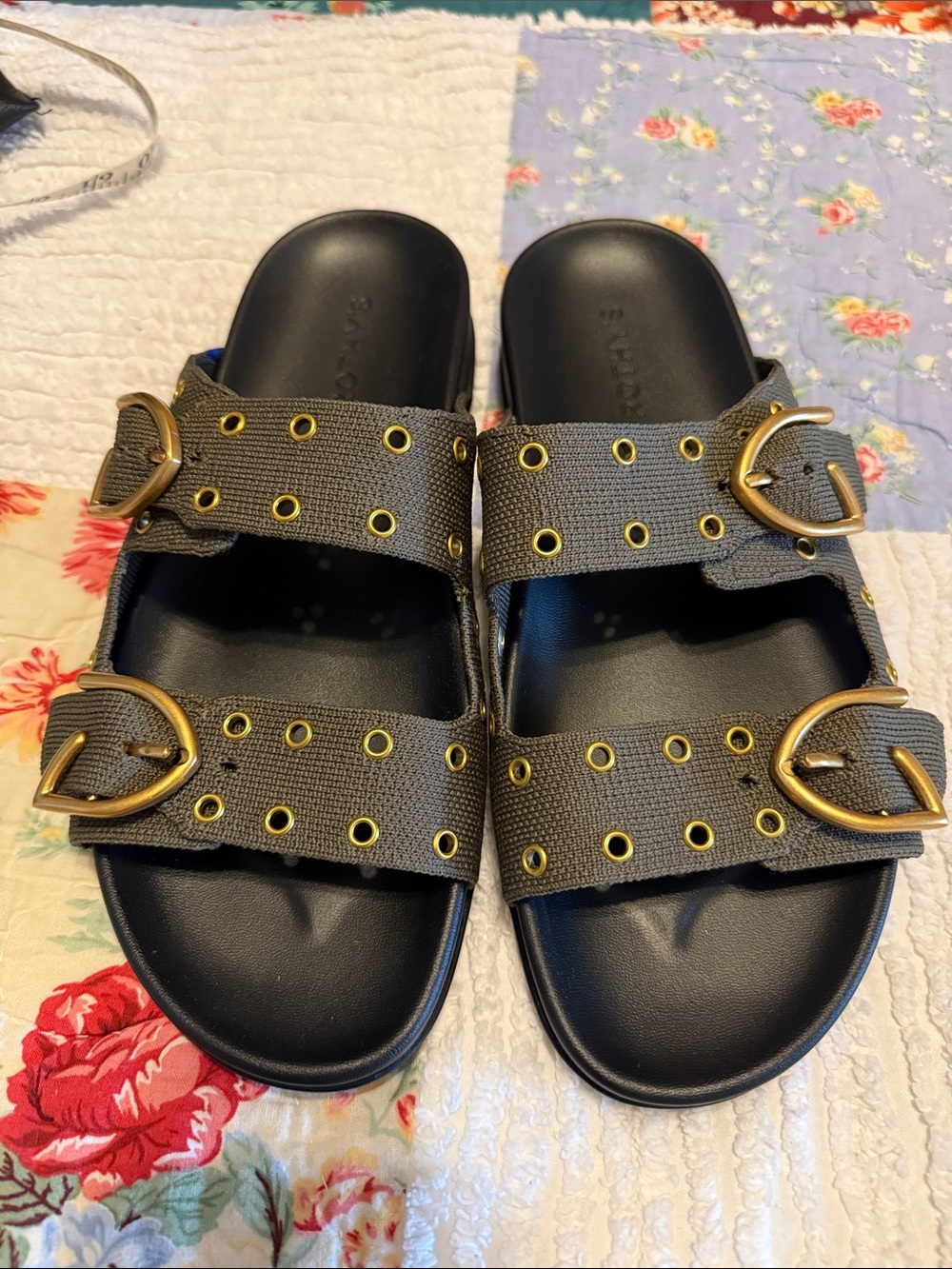 Rothy’s Women's army green Slide Sandals with Gold Buckles